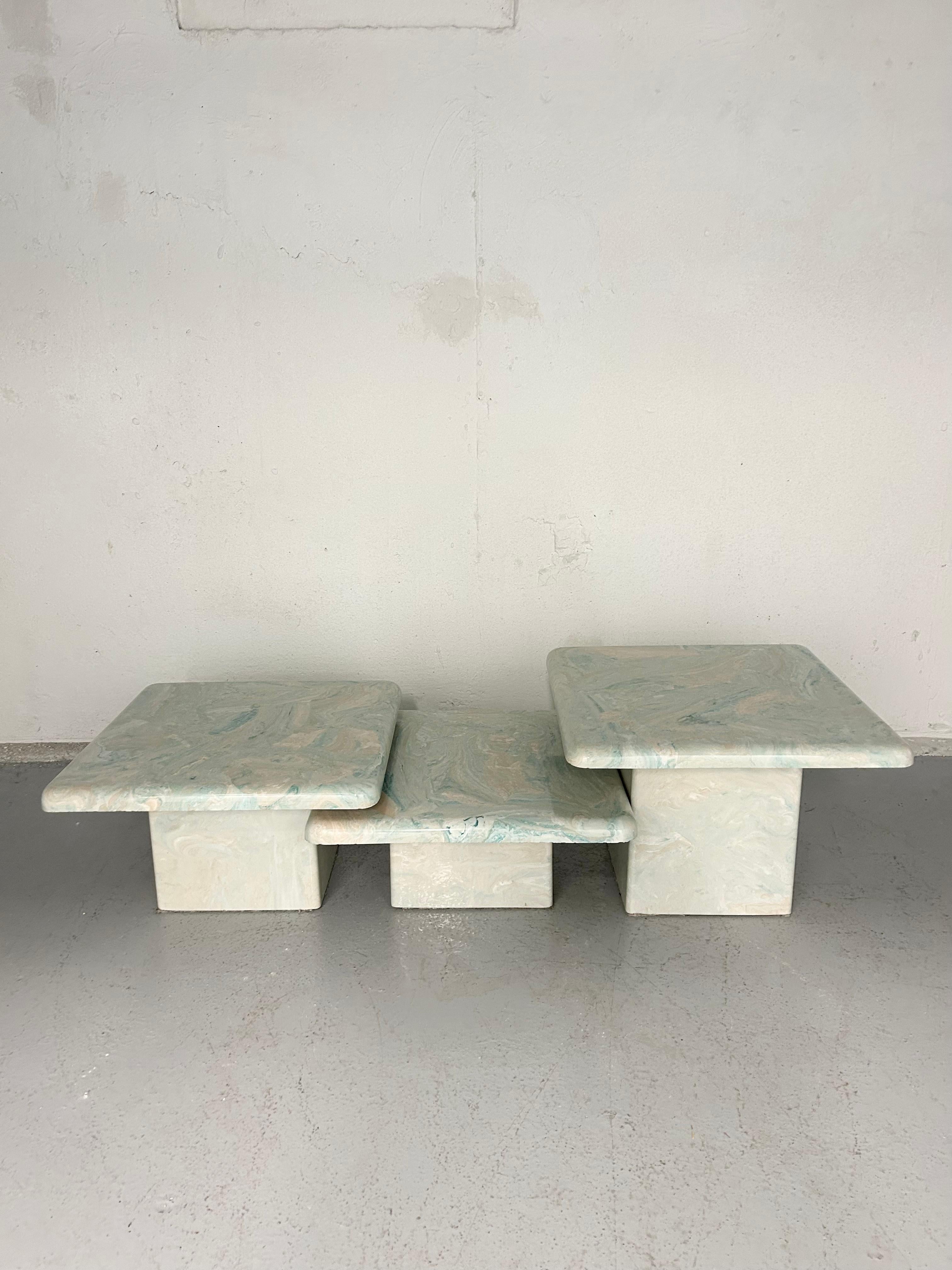 Vintage marbled resin tiered coffee table set. Beautiful pastel colors like cotton candy. Set of 3. Minimal wear. 

Measures: 16” 13” 10” height
23” x 23” table top (same for each).