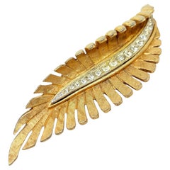 Vintage MARBOUX signed gold tone rhinestones leaf designer brooch