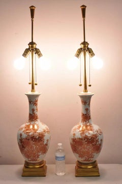 Vintage Marbro Chinoiserie Porcelain Vase Orange Floral Asian Table Lamp Pair
