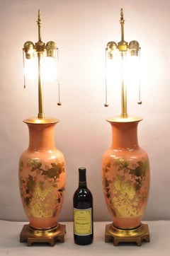 Vintage Marbro Chinoiserie Salmon Coral Pink Porcelain Table Lamps - a Pair