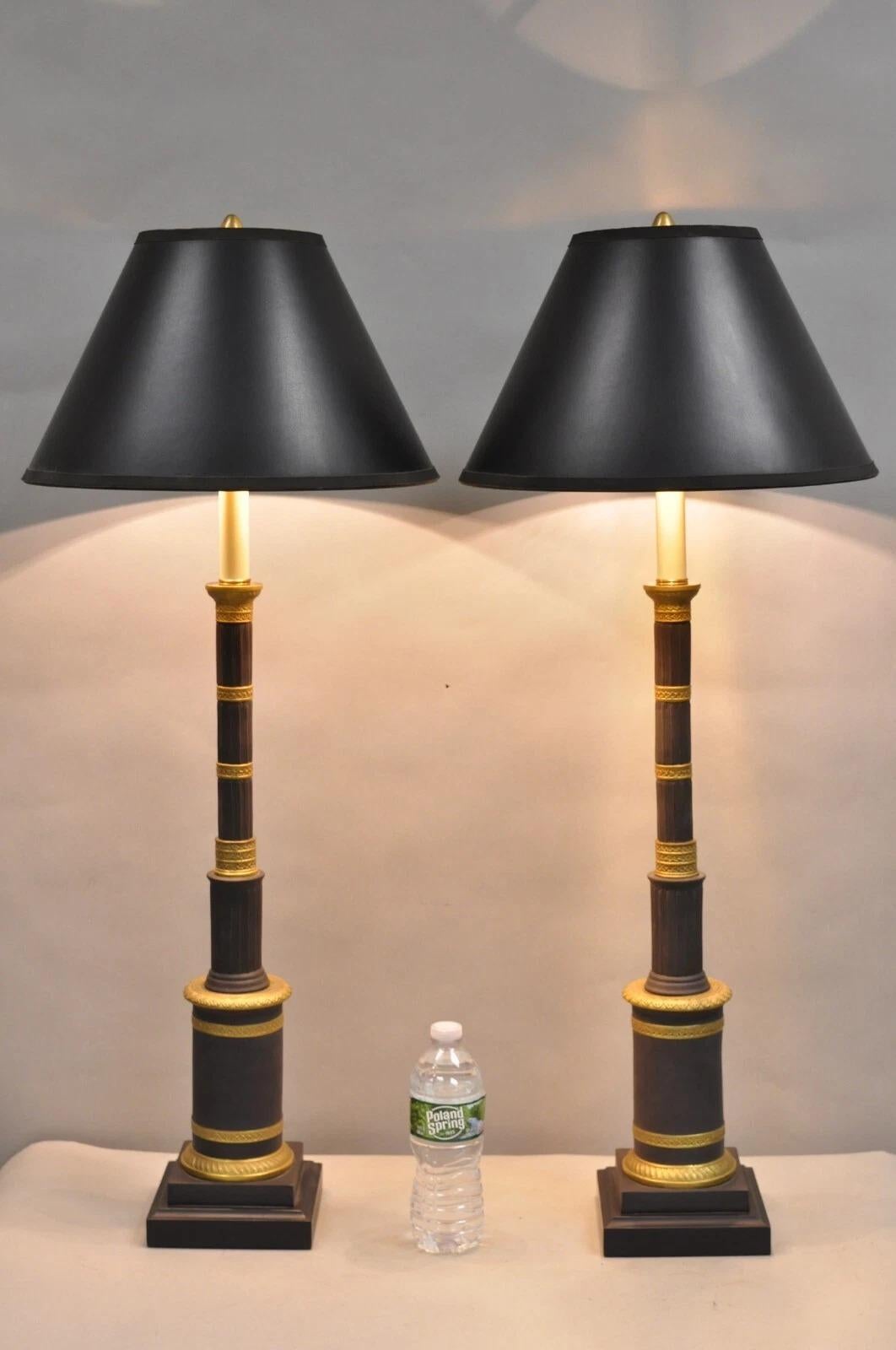 Vintage Marbro French Empire Porcelain Bouillotte Candlestick Table Lamps Pair with Original Shades. Item features very rare cast ceramic porcelain forms in a gold and smoky charcoal gray finish. Circa Late 20th Century. Measurements: 36