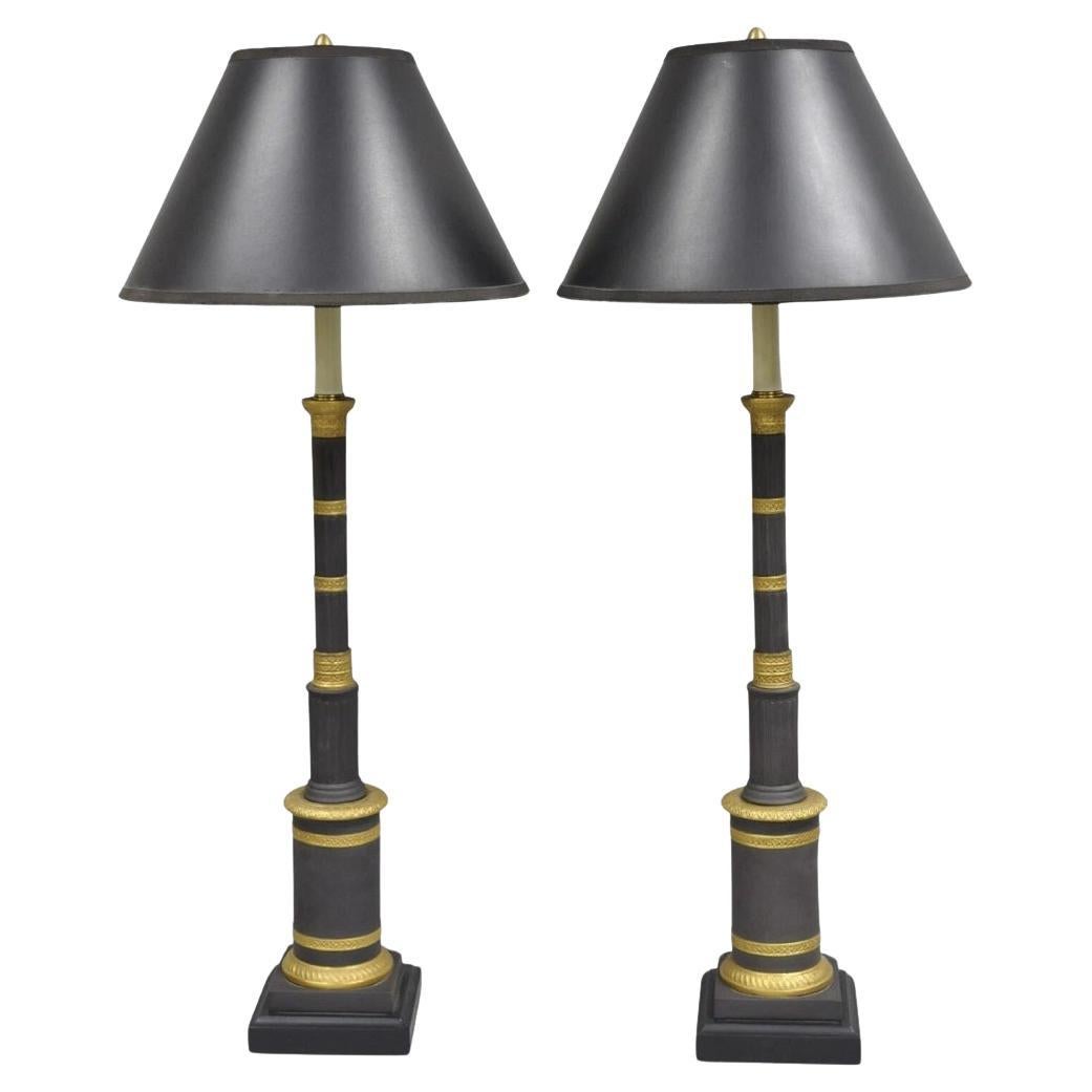 Vintage Marbro French Empire Porcelain Bouillotte Candlestick Table Lamps Pair
