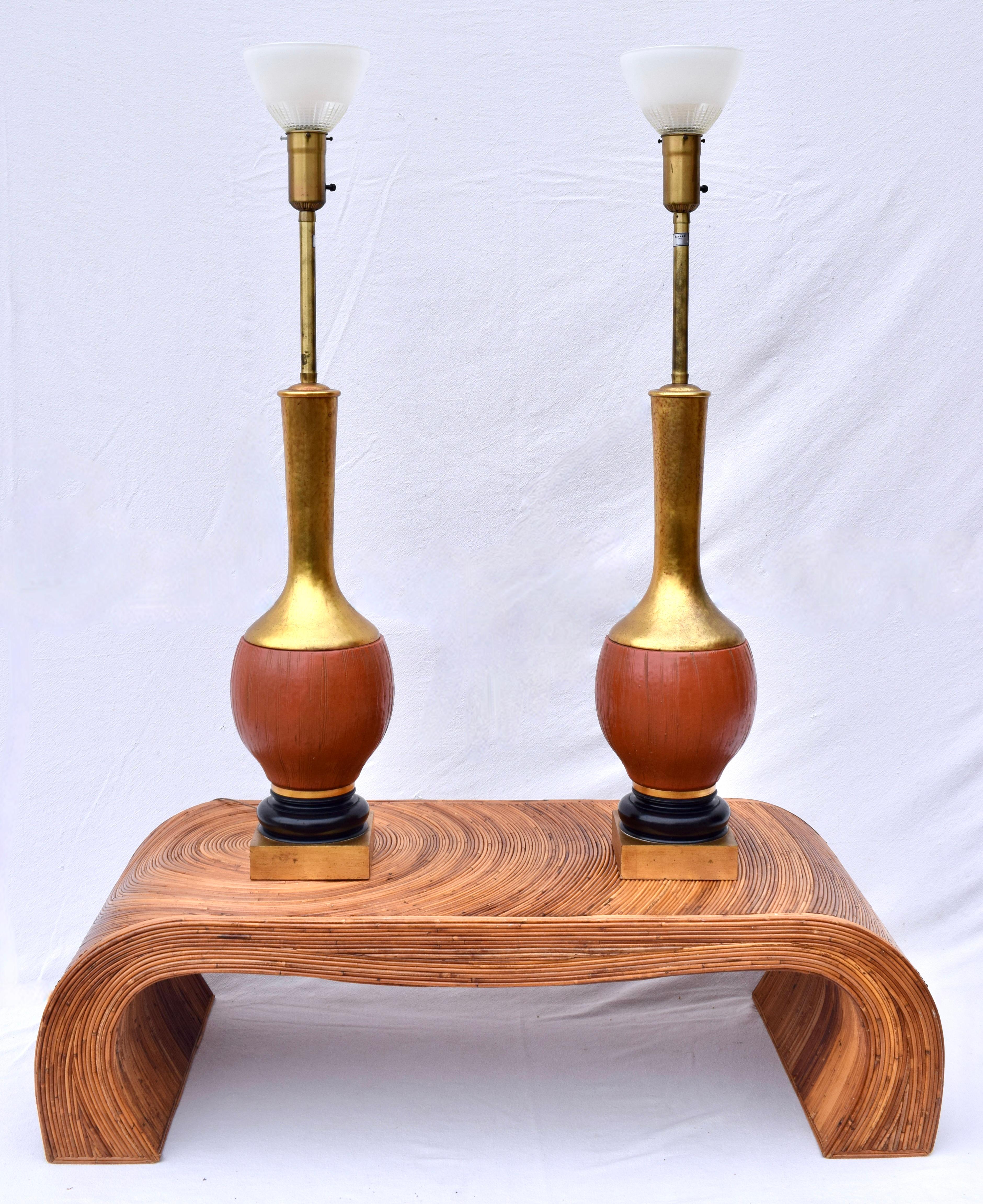 Mid-Century Modern Vintage Marbro Lamp Co. Monumental Ceramic Gold Gilt Table Lamps, Pair For Sale