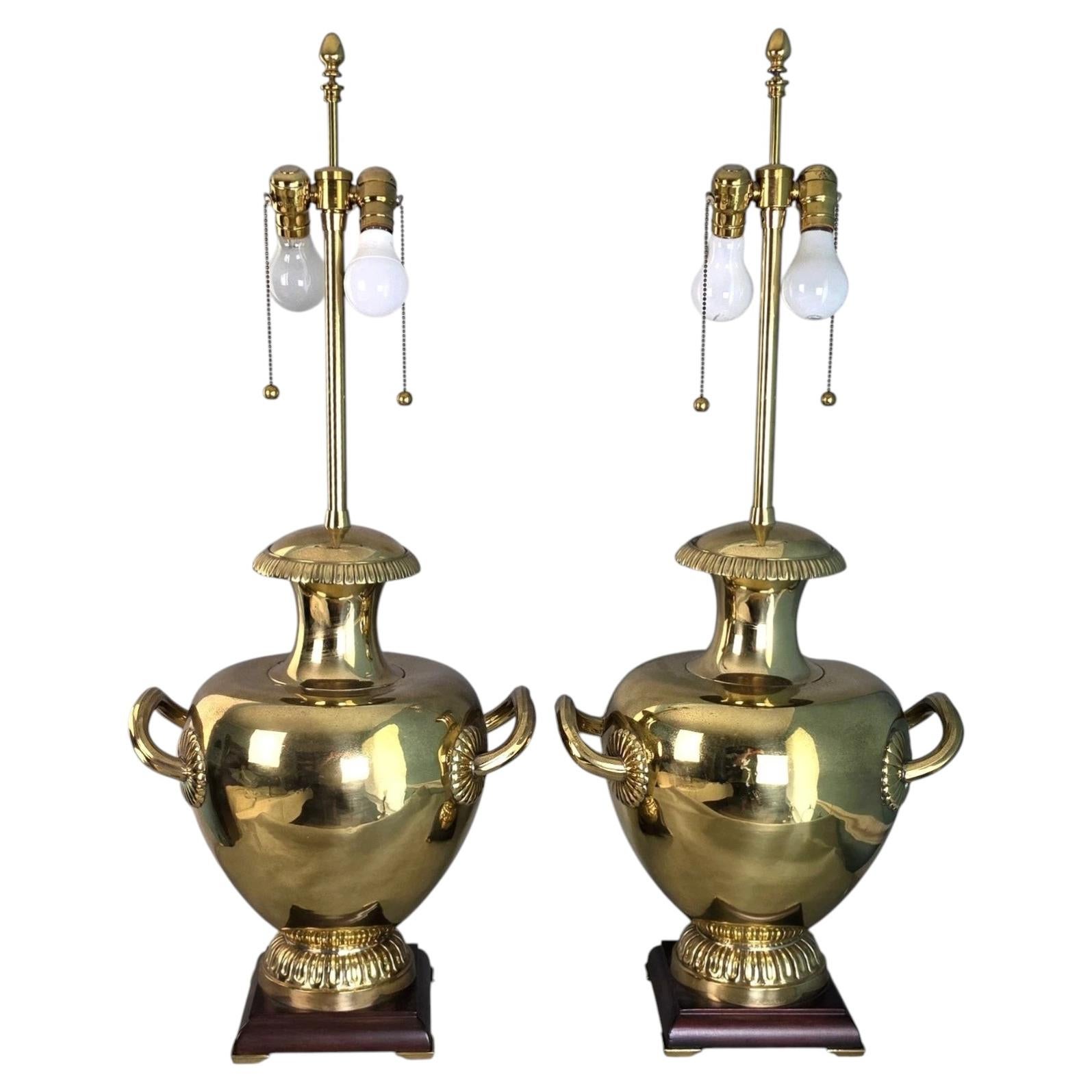 Vintage Marbro Polished Brass " Hydria " Table Lamps Dual Light A Pair