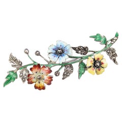 Antique marcasite and enamel flower brooch, 800 silver, Art Deco