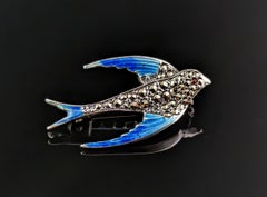 Vintage Marcasite and Enamel Swallow Brooch, 800 Silver