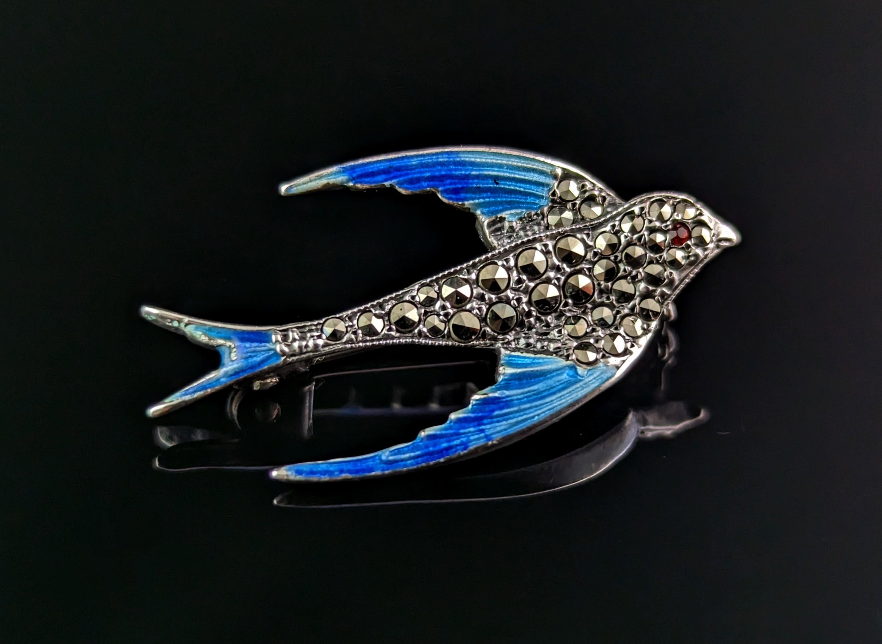 Retro Vintage Marcasite and Enamel Swallow Brooch, 800 Silver