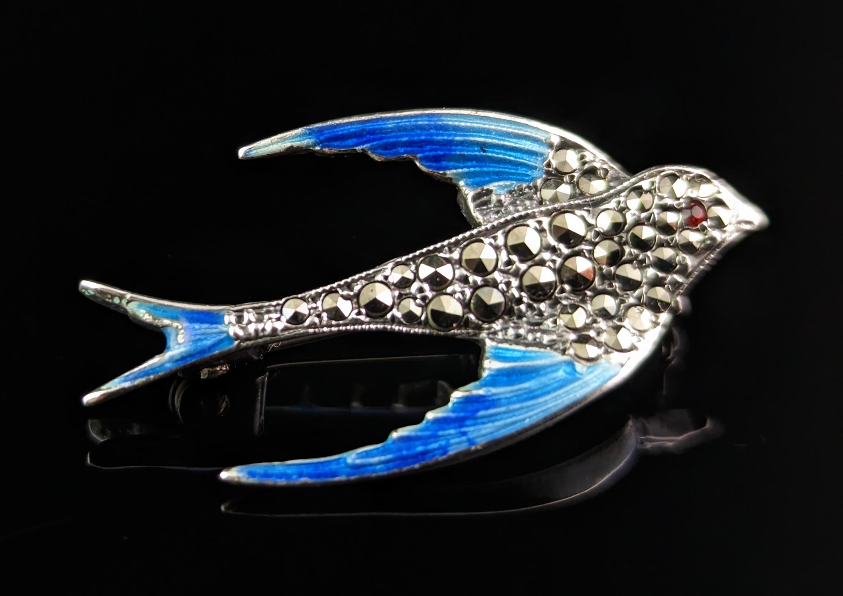 Vintage Marcasite and Enamel Swallow Brooch, 800 Silver In Fair Condition In NEWARK, GB