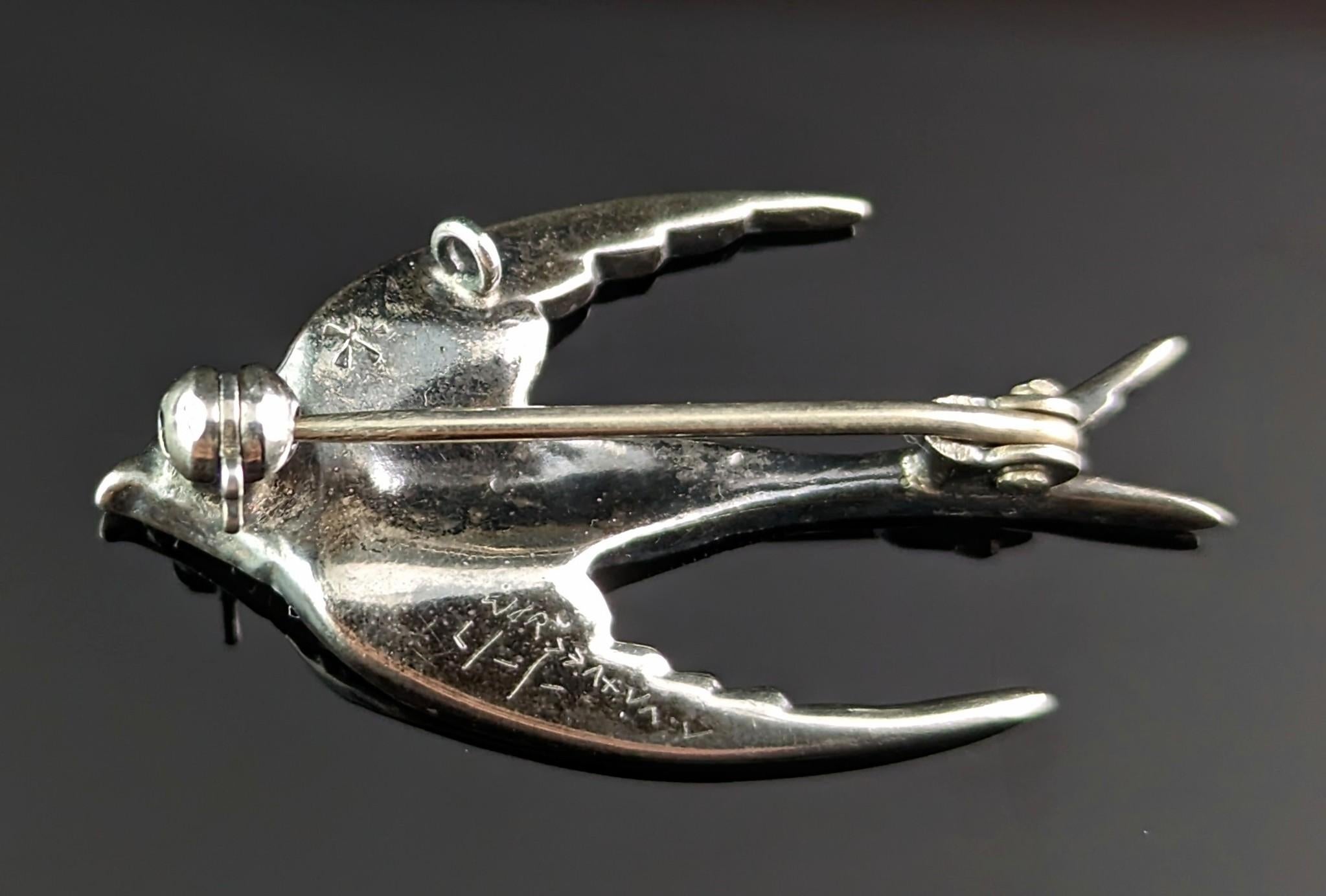 Vintage Marcasite and Enamel Swallow Brooch, 800 Silver 3