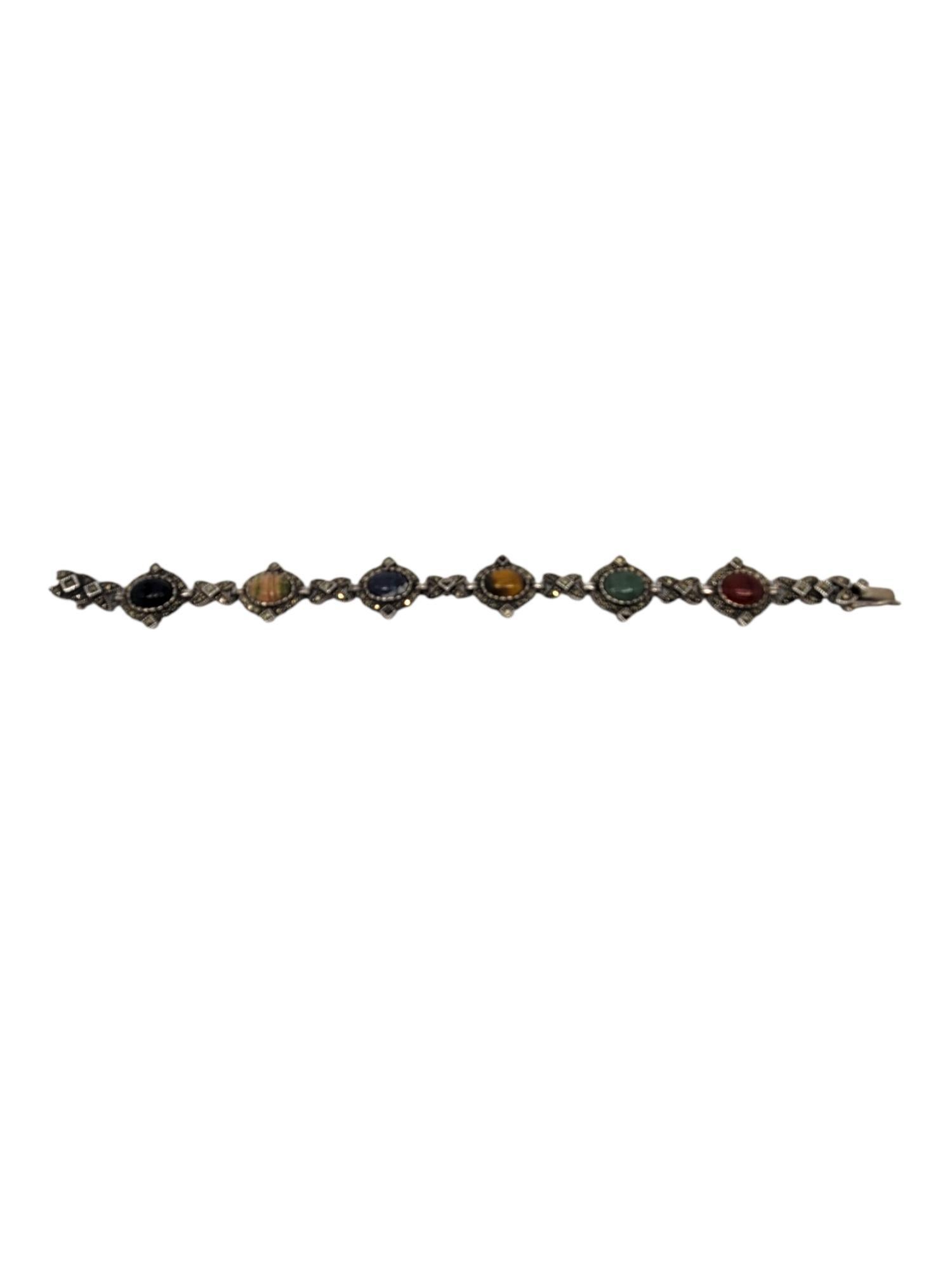 Mixed Cut Vintage Marcasite Sterling Silver Carved Gemstone Scarab Bracelet #20595 For Sale