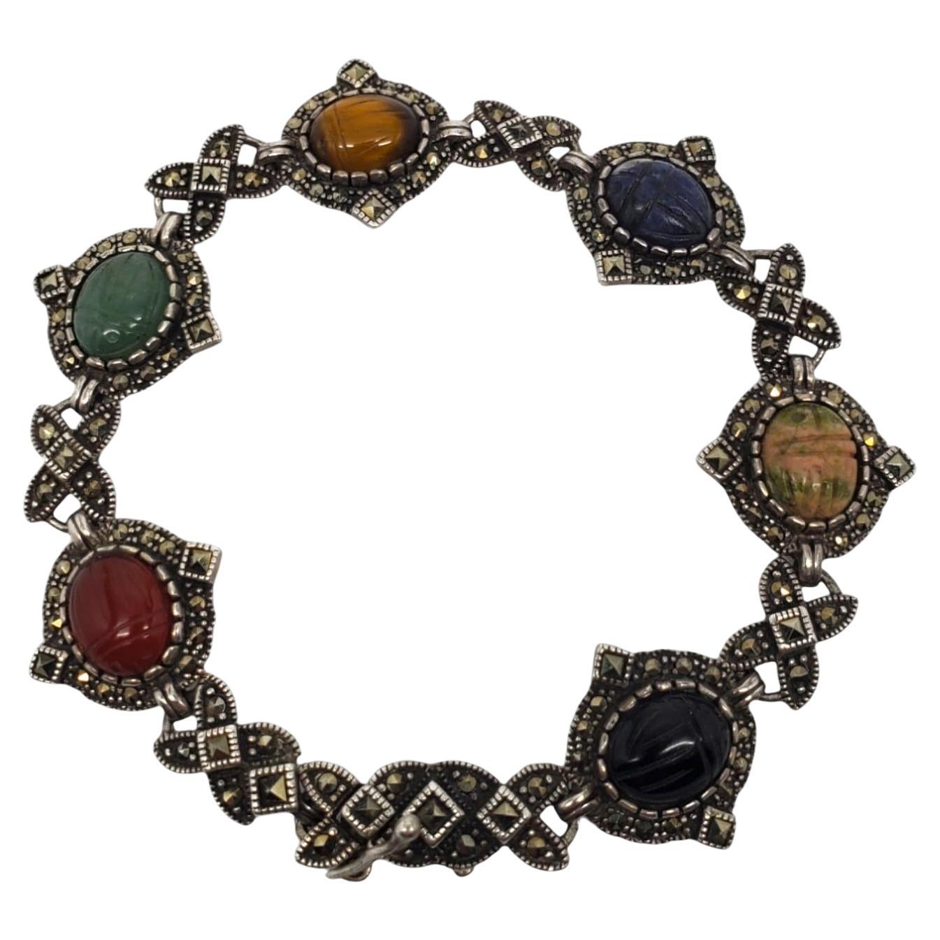 Vintage Marcasite Sterling Silver Carved Gemstone Scarab Bracelet #20595