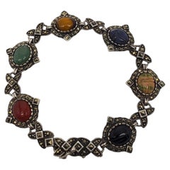 Vintage Marcasite Sterling Silver Carved Gemstone Scarab Bracelet #20595