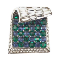 Vintage Marcel Boucher Sterling Silver Blue & Green Invisibly Set Glass Wave