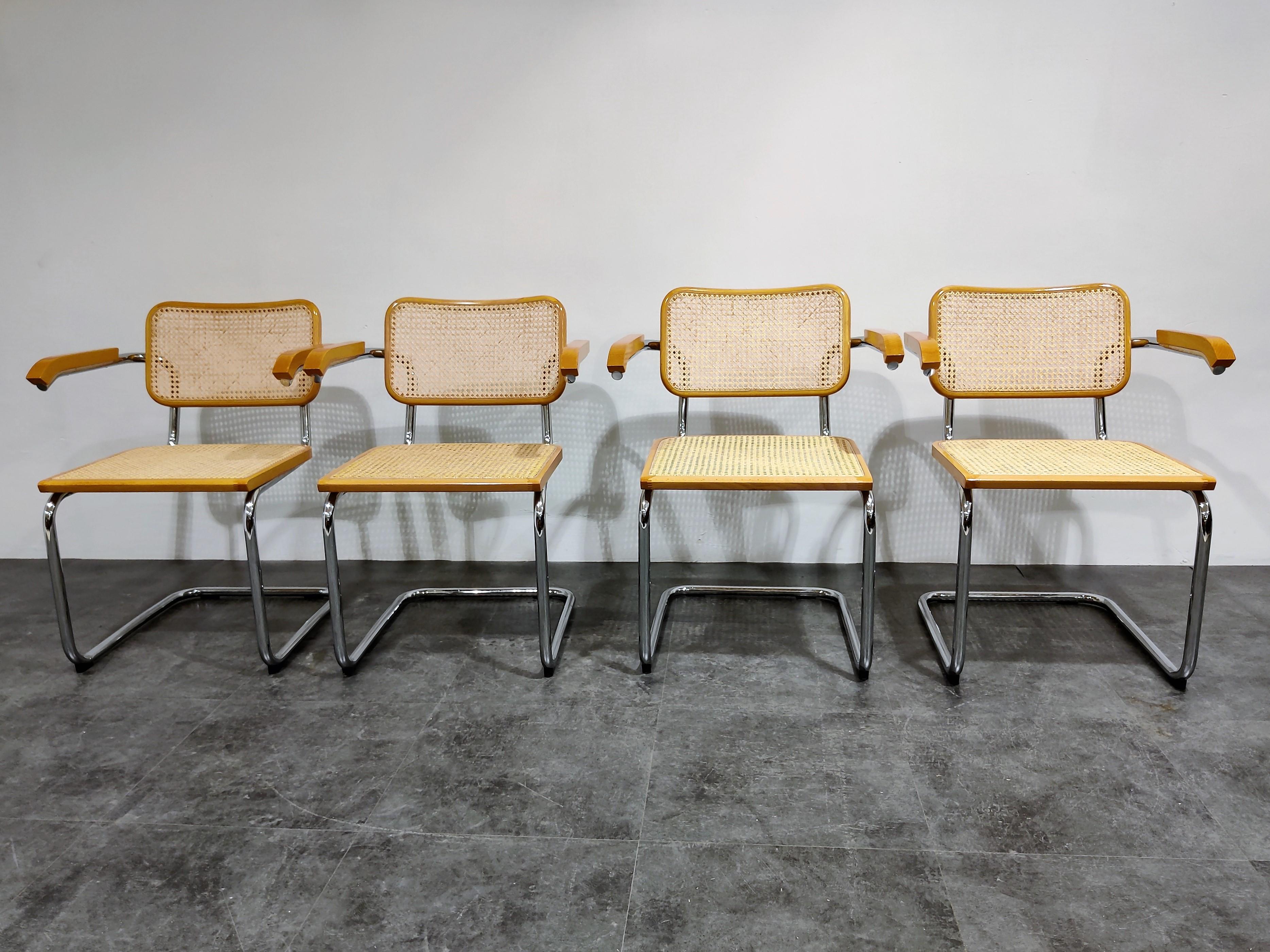 Set of 4 Marcel Breuer B64 Bauhaus design chairs produced by Fasem. (All chairs are labeled)

Good condition, polished chrome, very good quality. 

The chairs are very popular and the original design dates back to the 1920s. 

1970s,