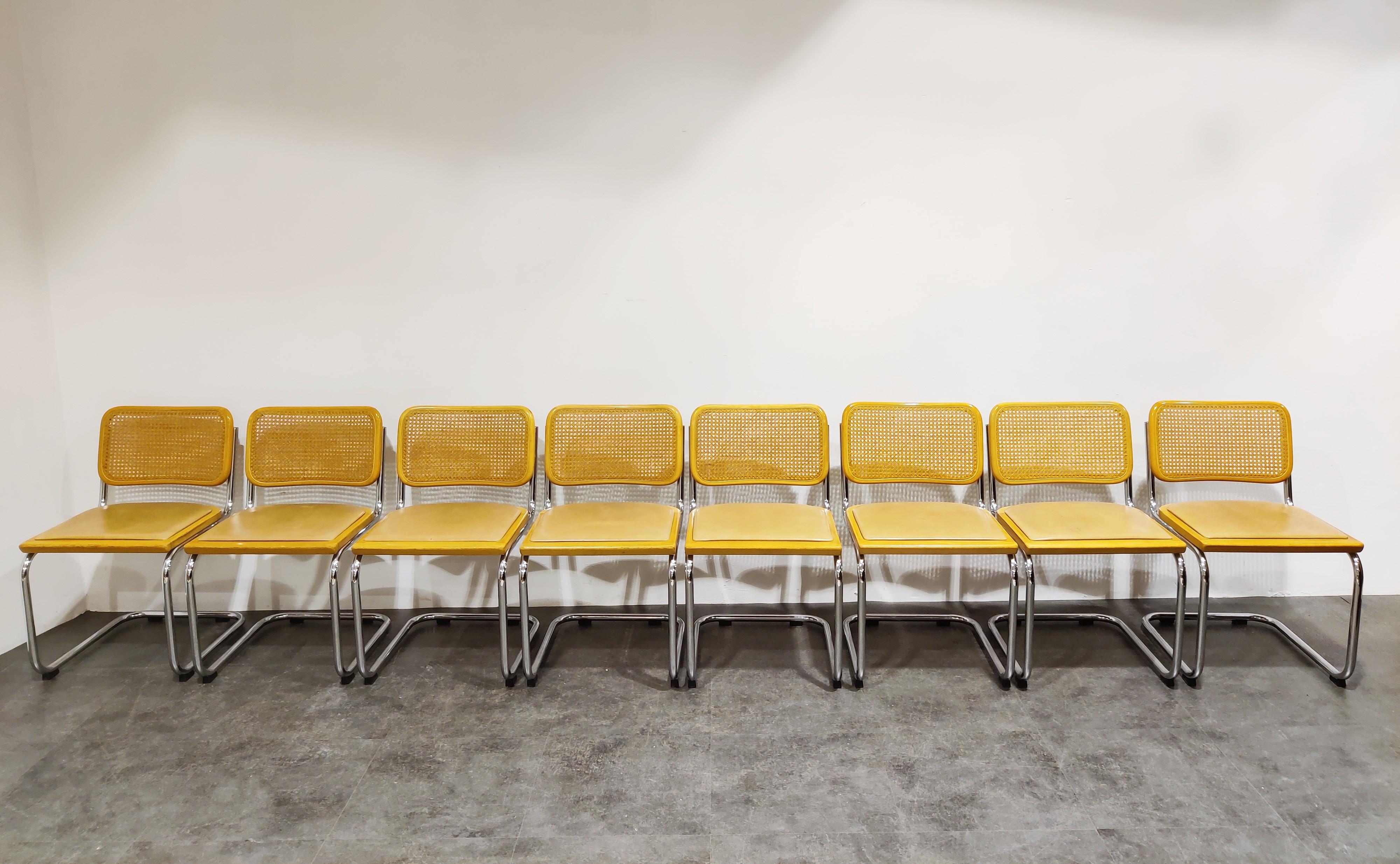 Marcel Breuer Bauhaus design chairs, set of 8. 

Good condition, polished chrome.

The chairs are very popular and the original design dates back to the 1920s. 

Come with cane webbing backrets and brown skai upholstered seats

1970s -