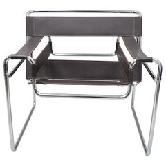 Vintage Marcel Breuer Wassily Style Brown Leather Sling Chrome Lounge Chair