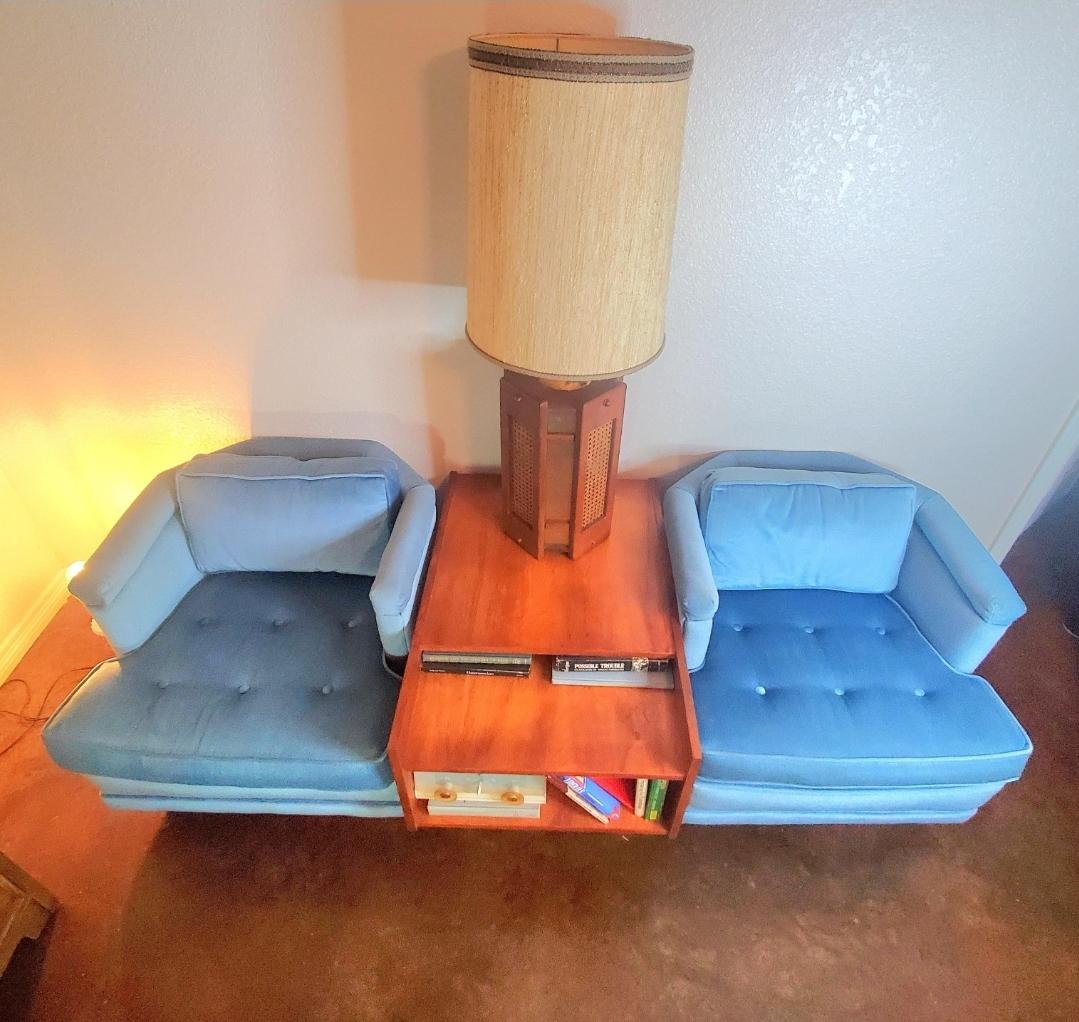 Date of birth 8/22/78
Adorable vintage blue velvet Marge Carson hexagon club chairs.
Original labeling. 
In pretty amazing shape.
Very soft fabric. 
No rips tears or stains.
Very comfortable. 
Perfect addition to any Mad Men inspired room.