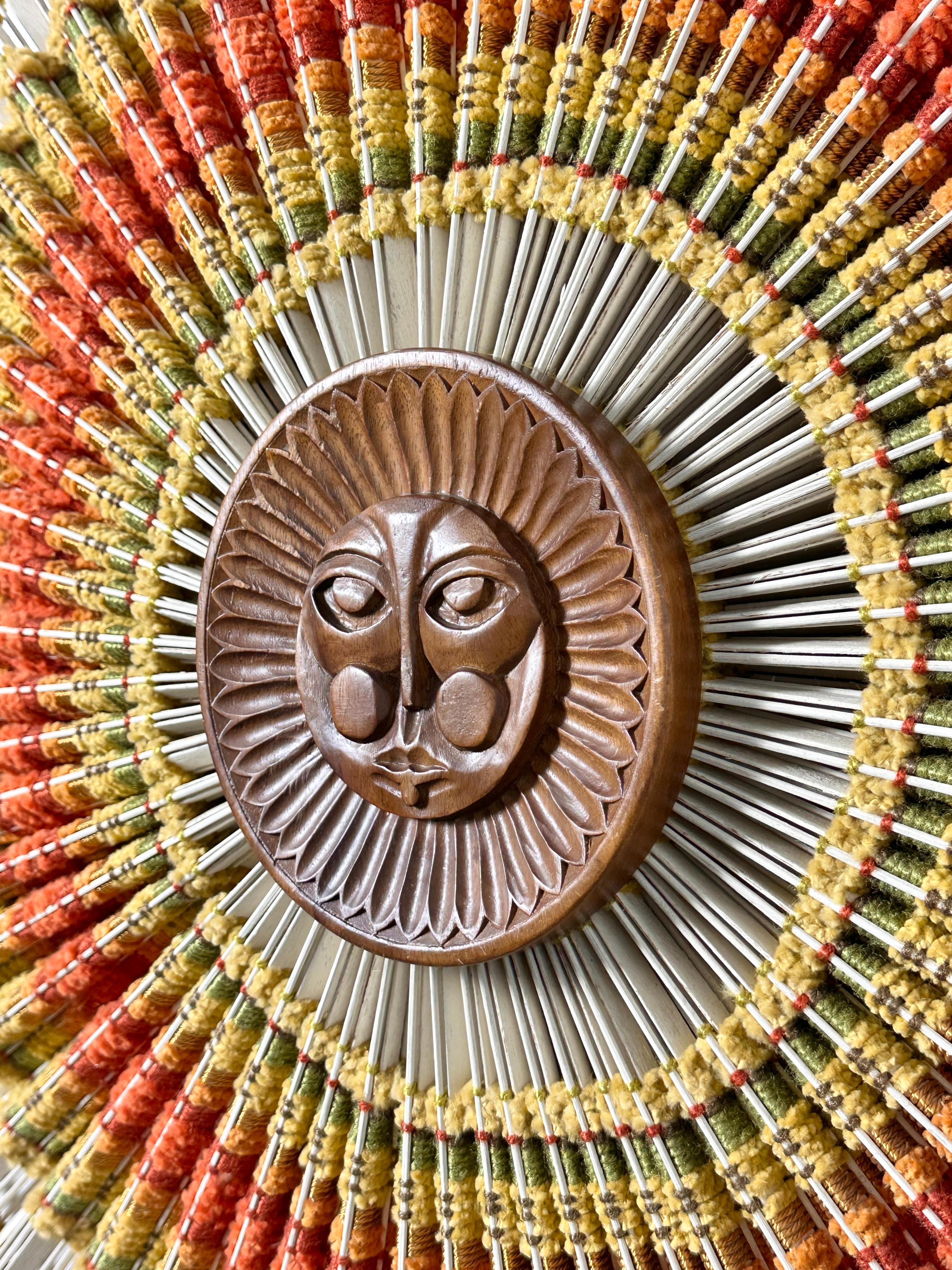Fabric Vintage Maria Kipp Woven Textile Sun Face Wall Hanging Sculpture 1960s For Sale