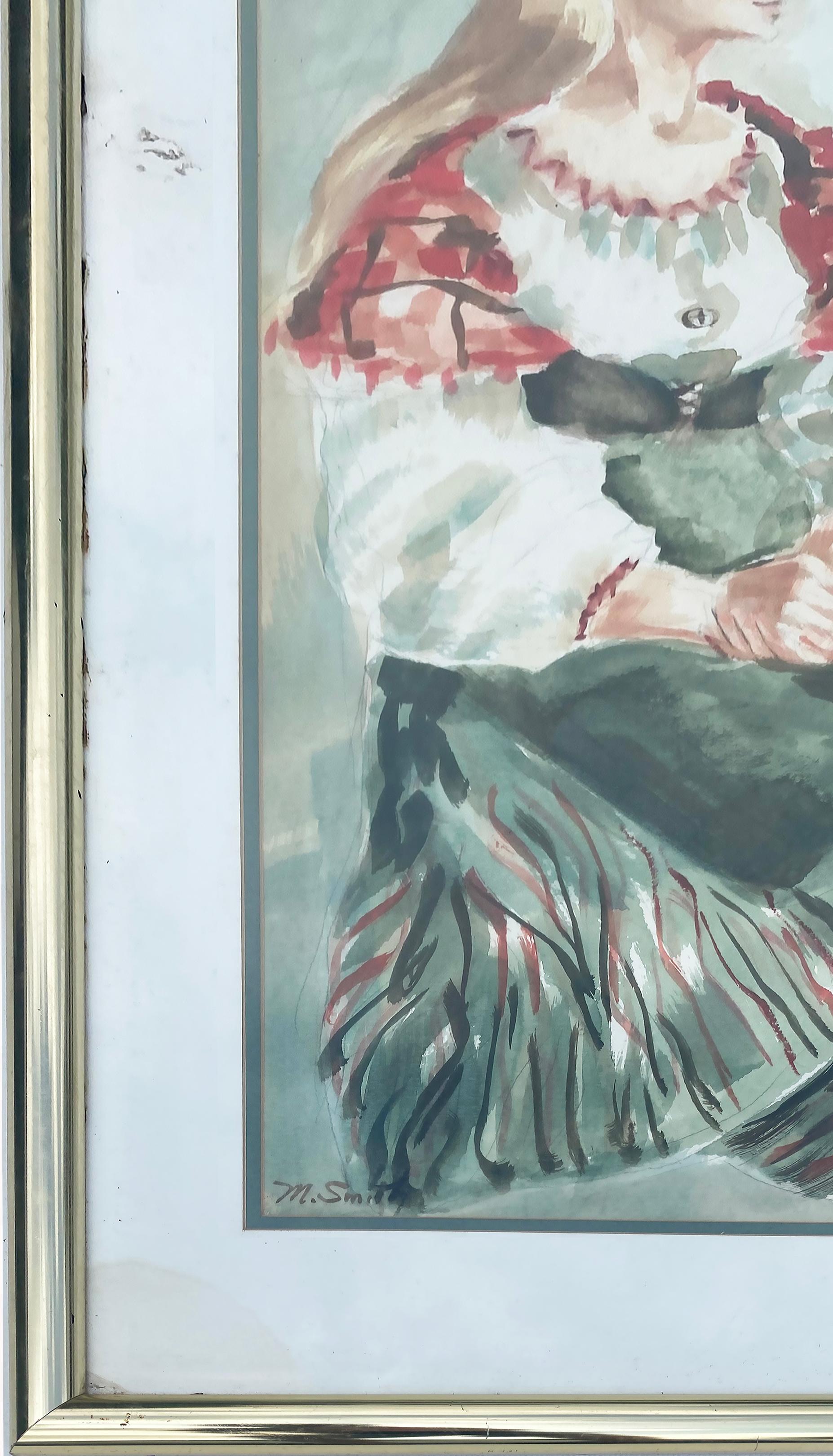 Marian Smith, Aquarellgemälde auf Papier, Vintage 

Zum Verkauf angeboten wird ein Aquarell einer sitzenden Frau von Coral Gables, FL Künstler Marian Smith (1923-2016).  Dieses Gemälde ist in einem vermessingten Metallrahmen gerahmt.  Es ist