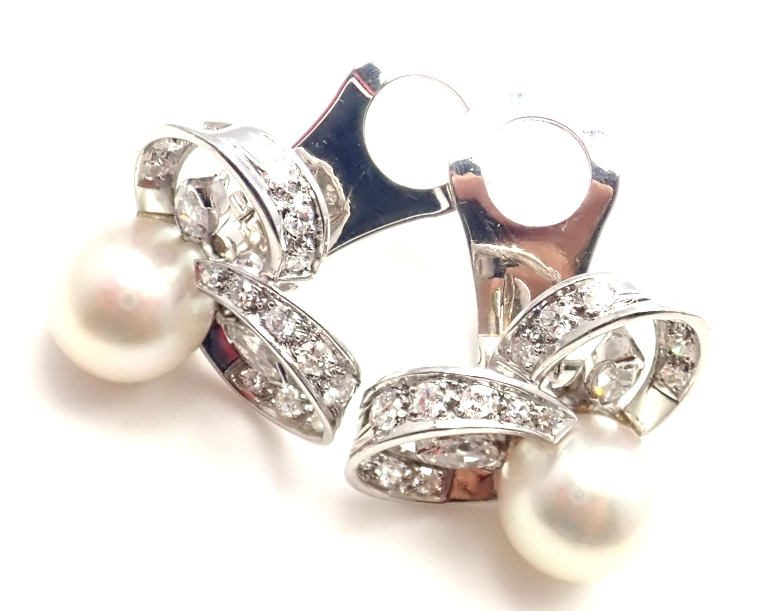Women's or Men's Vintage Marianne Ostier Diamond Pearl Platinum Earrings For Sale