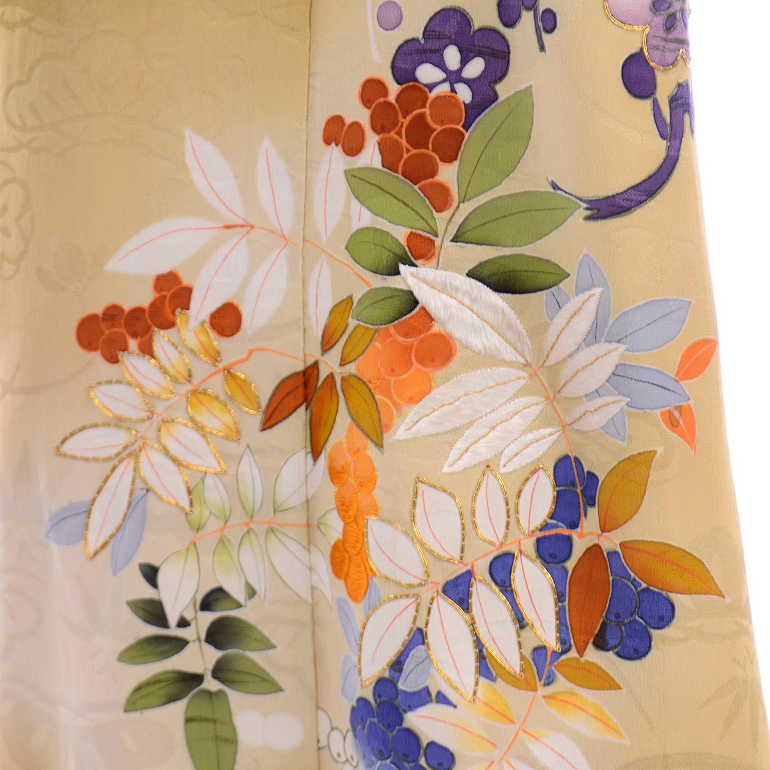 Vintage Marigold Yellow Silk Iro Tomesode Kimono Embroidered and Hand Painted 6