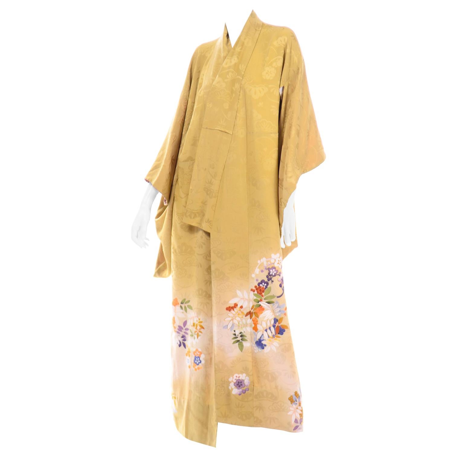 Vintage Marigold Yellow Silk Iro Tomesode Kimono Embroidered and Hand Painted