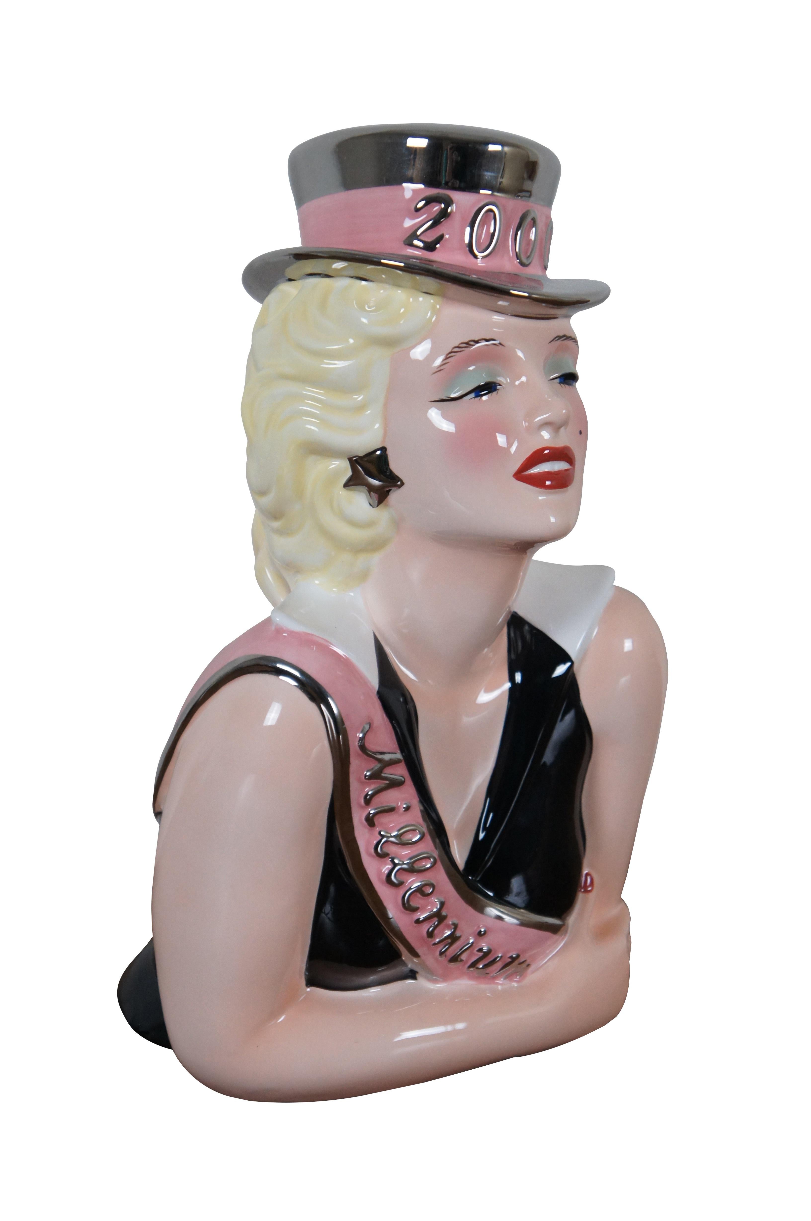 2 Available.  

Vintage like new, old stock, in original box, Marilyn Monroe 2000 Millennium cookie jar by Clay Art, circa 1999.  #1600

Dimensions:
8.5