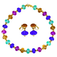 Vintage Marina B Art Glass Bead 18k Gold Necklace Earrings Set Estate Jewelry