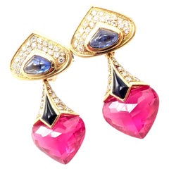 Vintage Marina B Diamond Pink Tourmaline Sapphire Yellow Gold Drop Earrings