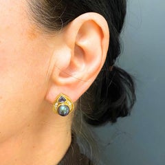 Vintage Marina B Earrings 18k Gold Black Pearl Gemstones