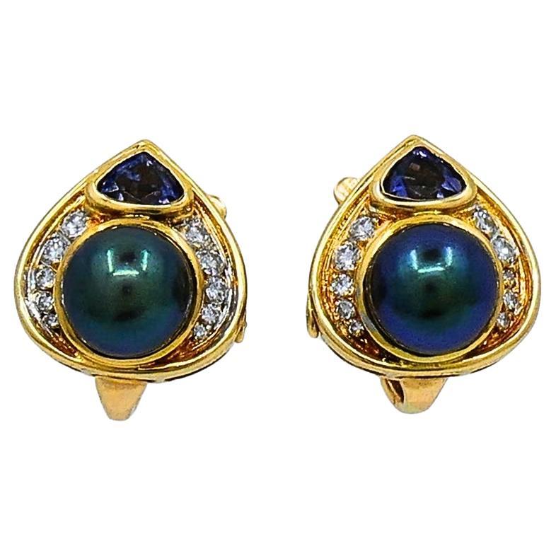 Mixed Cut Vintage Marina B Earrings 18k Gold Black Pearl Gemstones For Sale