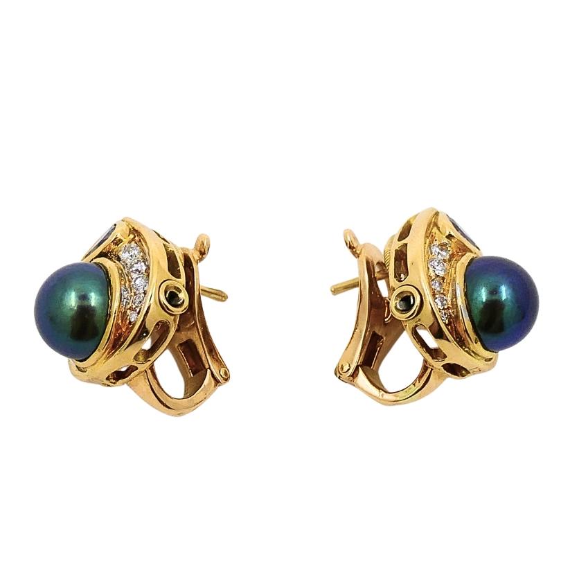 Vintage Marina B Earrings 18k Gold Black Pearl Gemstones In Good Condition For Sale In Beverly Hills, CA