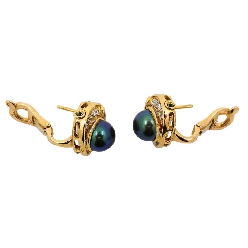 Women's Vintage Marina B Earrings 18k Gold Black Pearl Gemstones For Sale