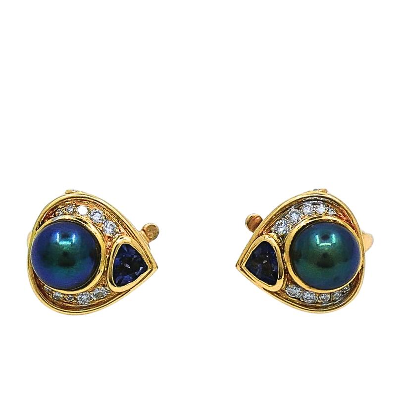 Vintage Marina B Earrings 18k Gold Black Pearl Gemstones For Sale 1