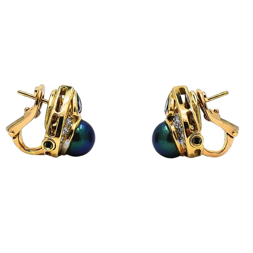 Vintage Marina B Earrings 18k Gold Black Pearl Gemstones For Sale 2