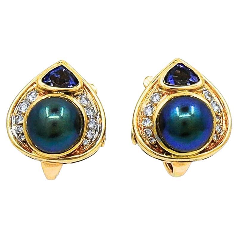 Marina B Vintage Ohrringe 18k Gold Schwarze Perlen Edelsteine