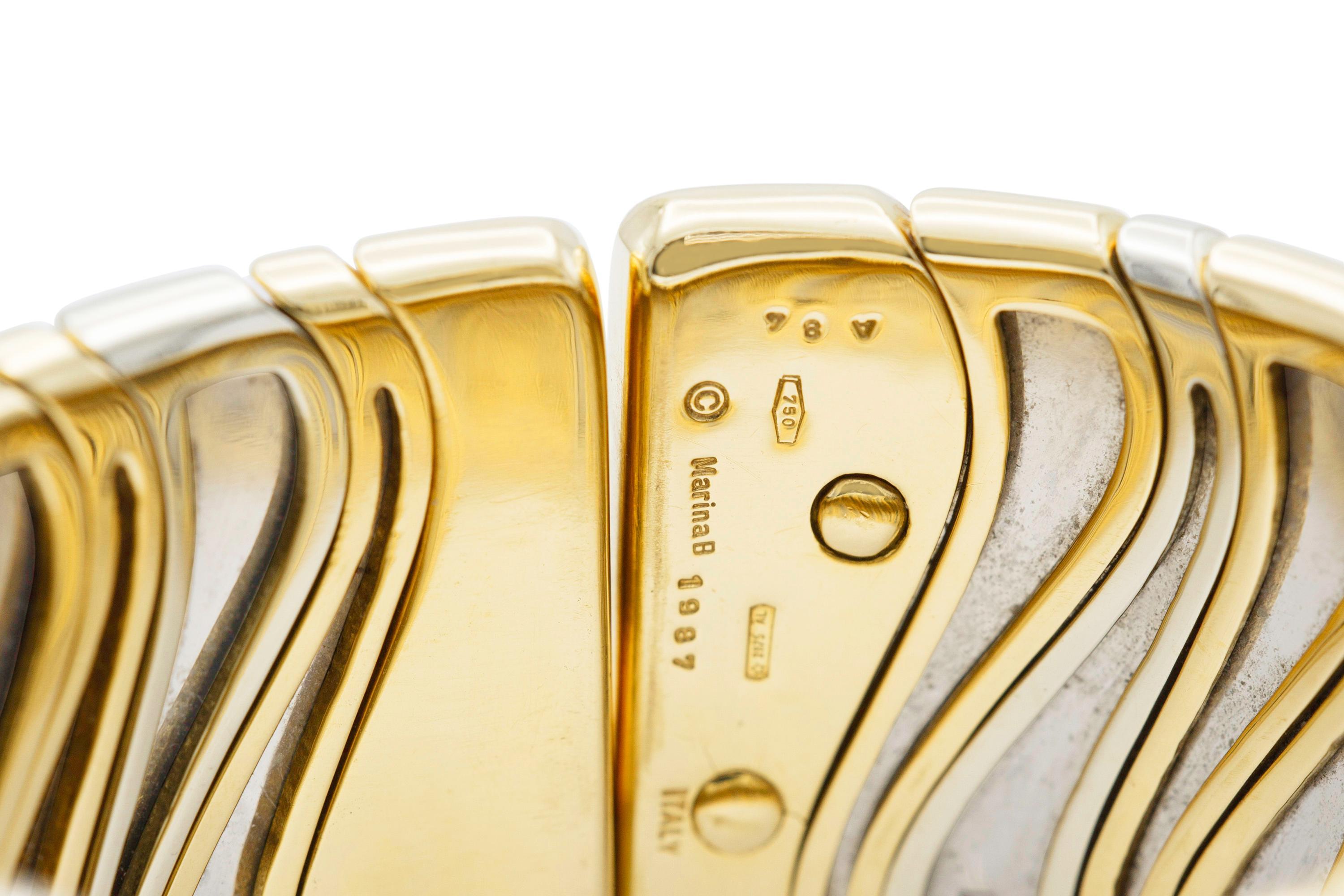 Vintage Marina B Two Toned Gold Wide Wave Cuff Bracelet Pour femmes en vente
