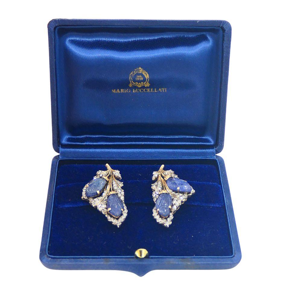 Rose Cut Vintage Mario Buccellati 18k Gold Silver Diamond Sapphire Clip Earrings For Sale