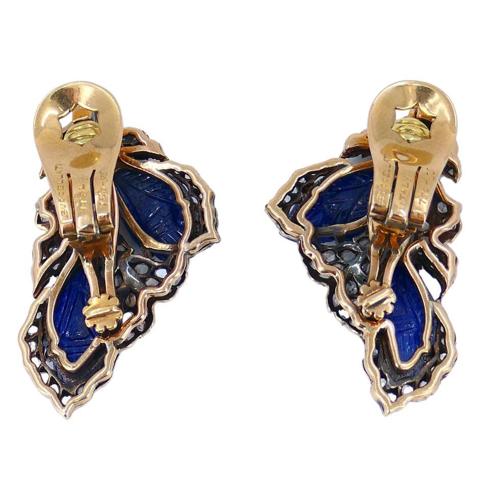 Vintage Mario Buccellati 18k Gold Silver Diamond Sapphire Clip Earrings In Fair Condition For Sale In Beverly Hills, CA