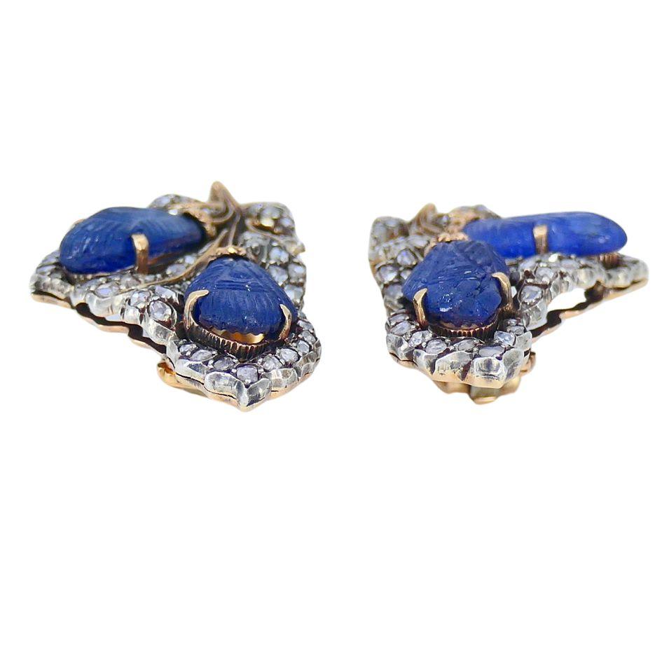 Vintage Mario Buccellati 18k Gold Silver Diamond Sapphire Clip Earrings For Sale 3