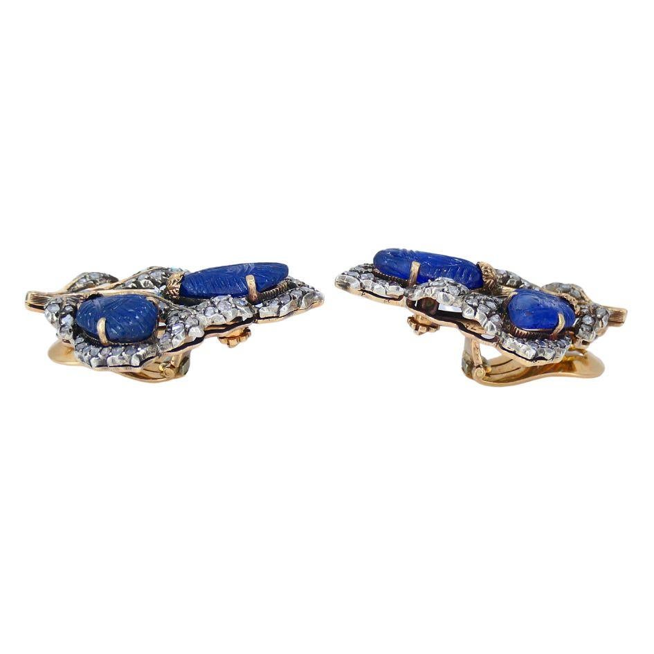 Vintage Mario Buccellati 18k Gold Silver Diamond Sapphire Clip Earrings For Sale 4