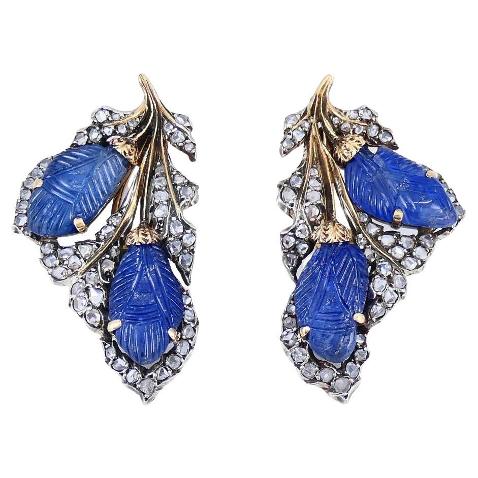Pendientes de clip vintage Mario Buccellati de oro de 18 quilates y plata con diamantes y zafiros