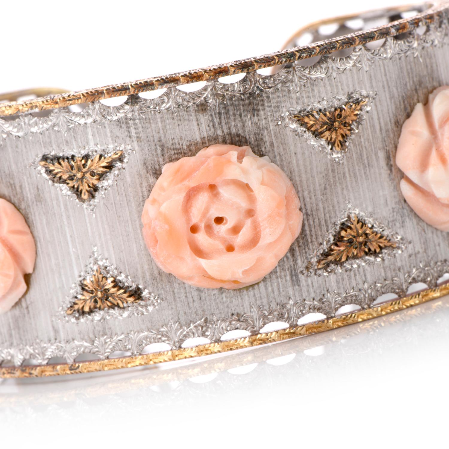 Retro Vintage Mario Buccellati Coral Rose 18 Karat Wide Cuff Bracelet