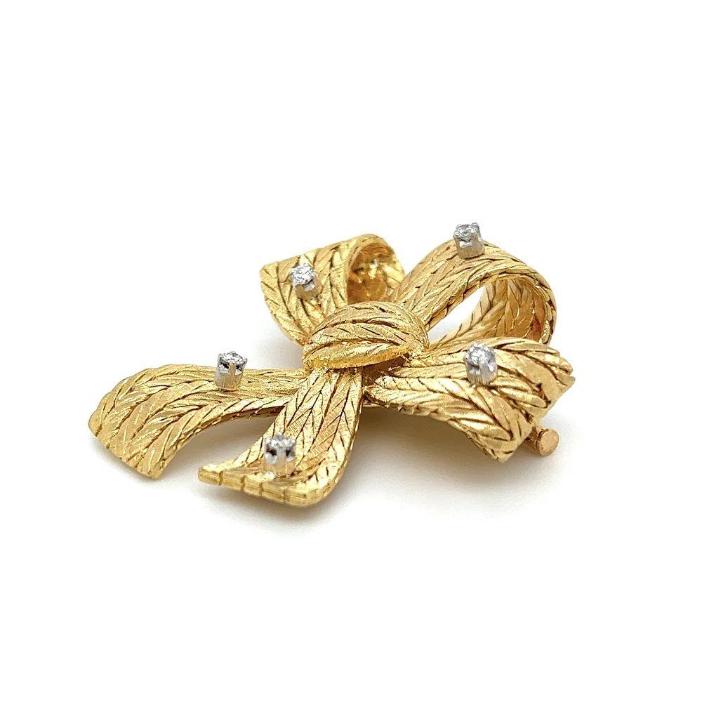 Modernist Vintage Mario Buccellati Designer Signed Diamond Gold Bow Brooch Pin