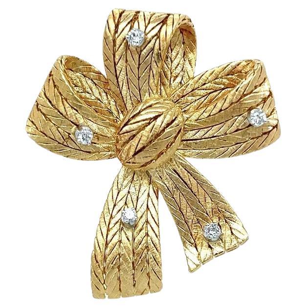 Vintage Mario Buccellati Designer Signed Diamond Gold Bow Brooch Pin