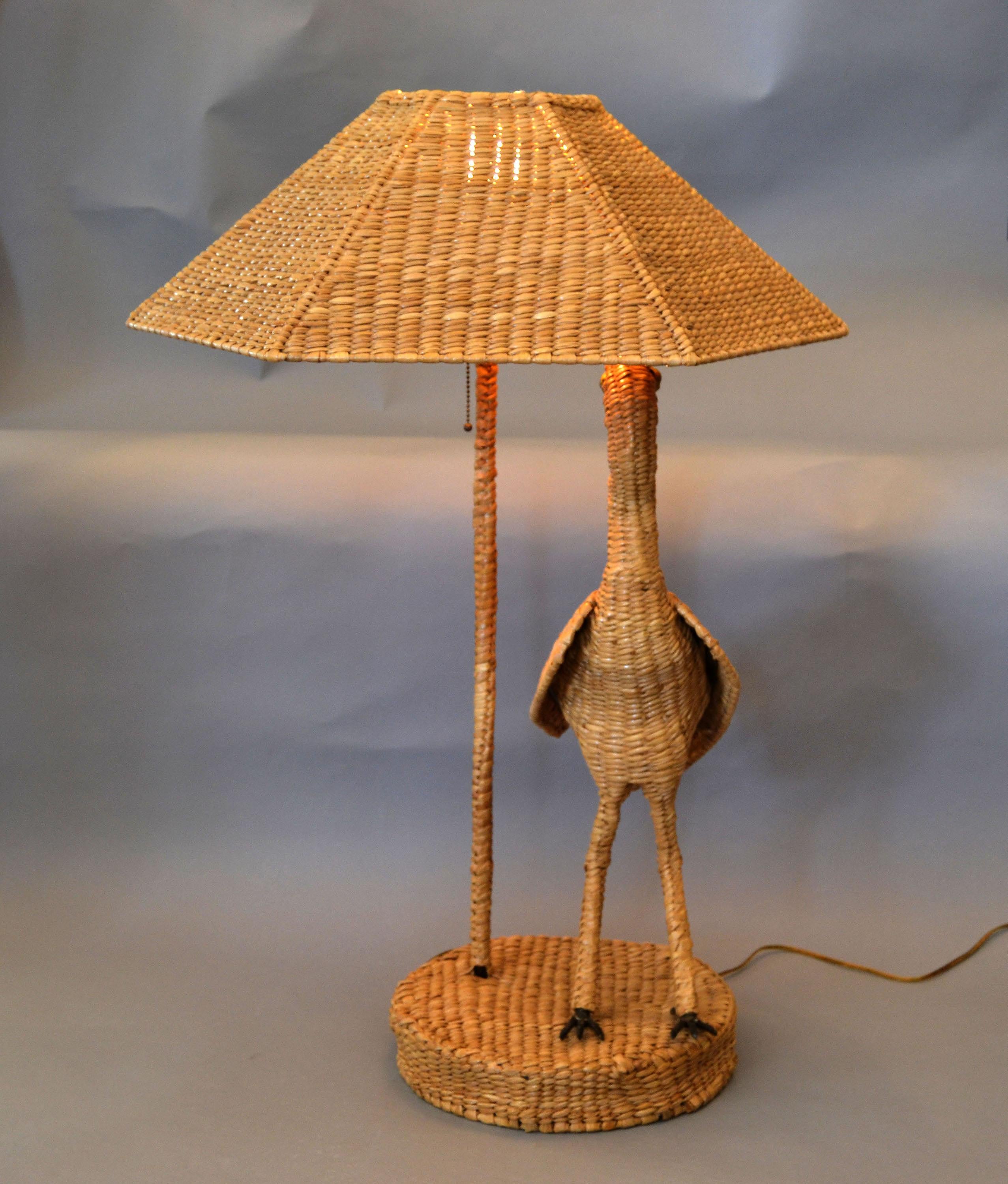 Hand-Crafted Vintage Mario Lopez Torres Egret Wicker, Rattan Table Lamp, 1974