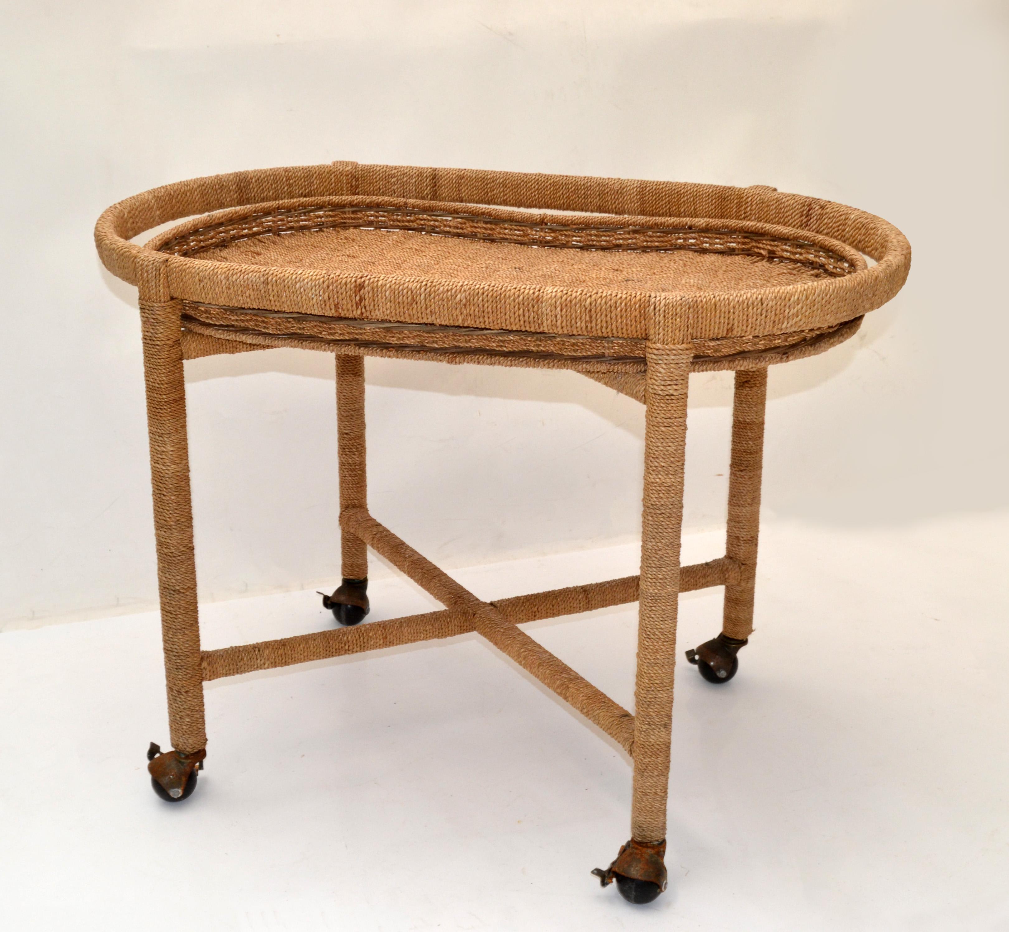 Vintage Mario Lopez Torres Style Rope Wicker Rattan Serving, Bar Cart Tray Table For Sale 1