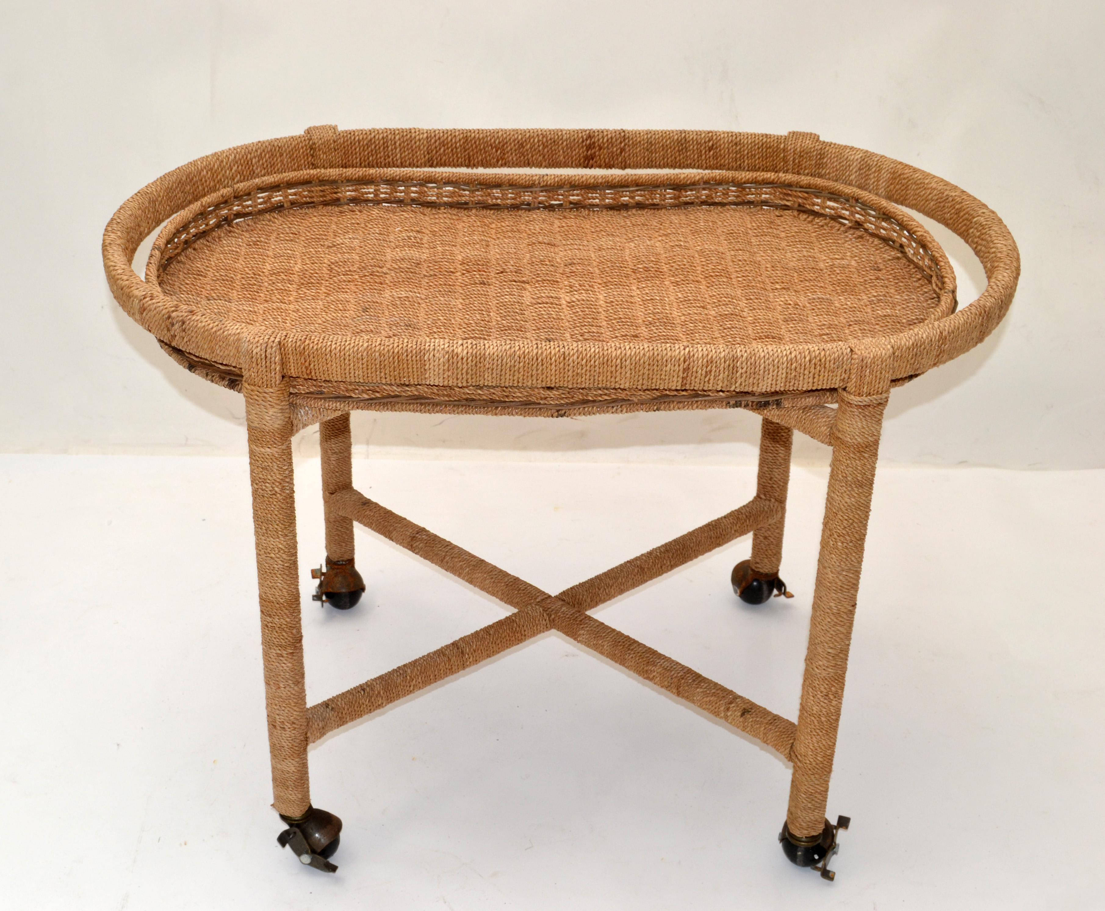 Vintage Mario Lopez Torres Style Rope Wicker Rattan Serving, Bar Cart Tray Table For Sale 6
