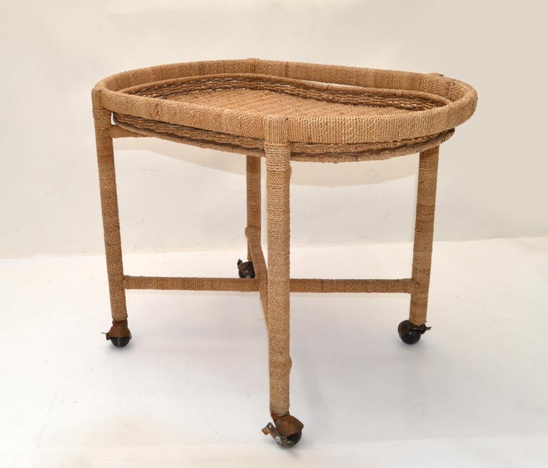 Vintage Mario Lopez Torres Style Rope Wicker Rattan Serving, Bar Cart