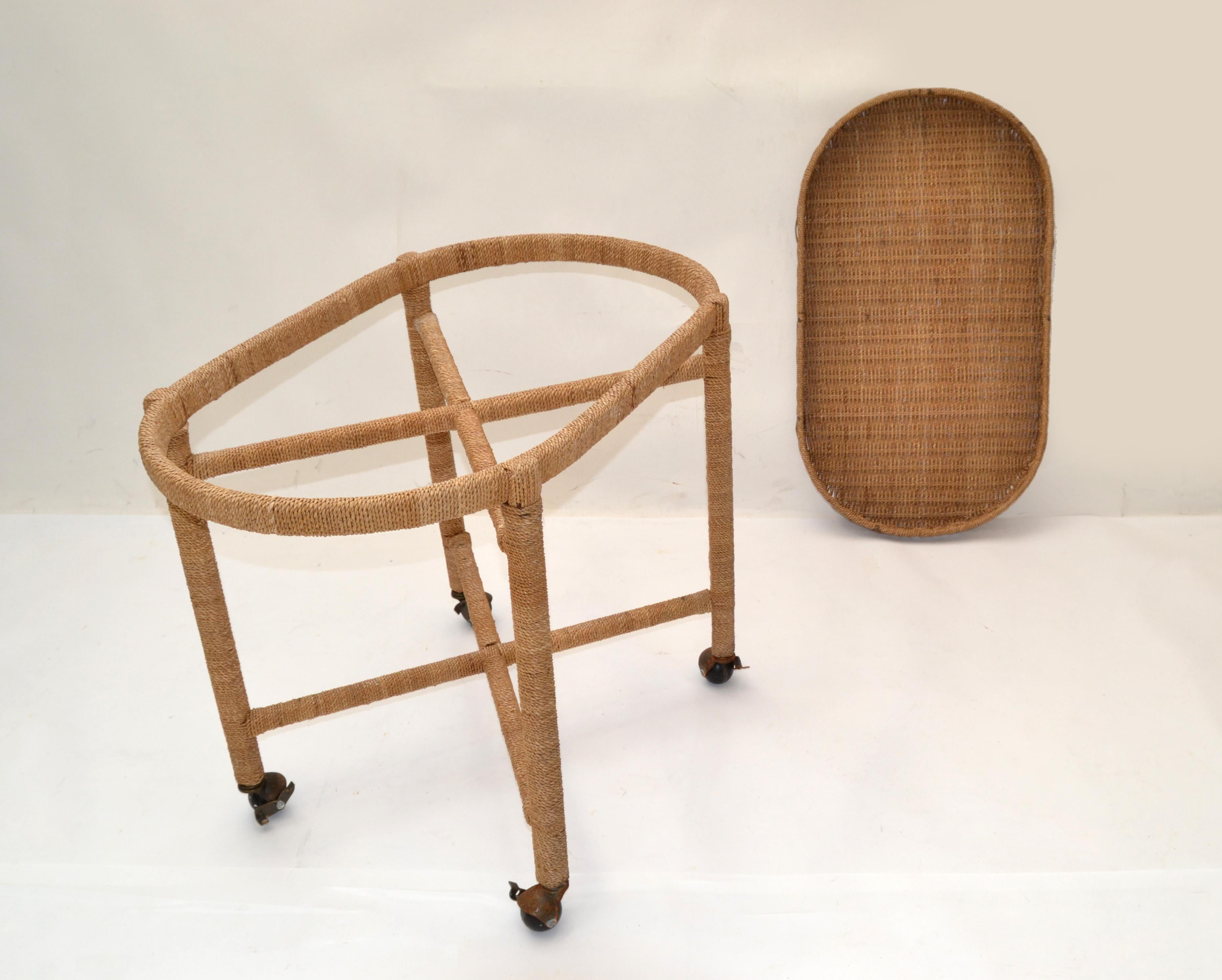 Mid-Century Modern Vintage Mario Lopez Torres Style Rope Wicker Rattan Serving, Bar Cart Tray Table For Sale